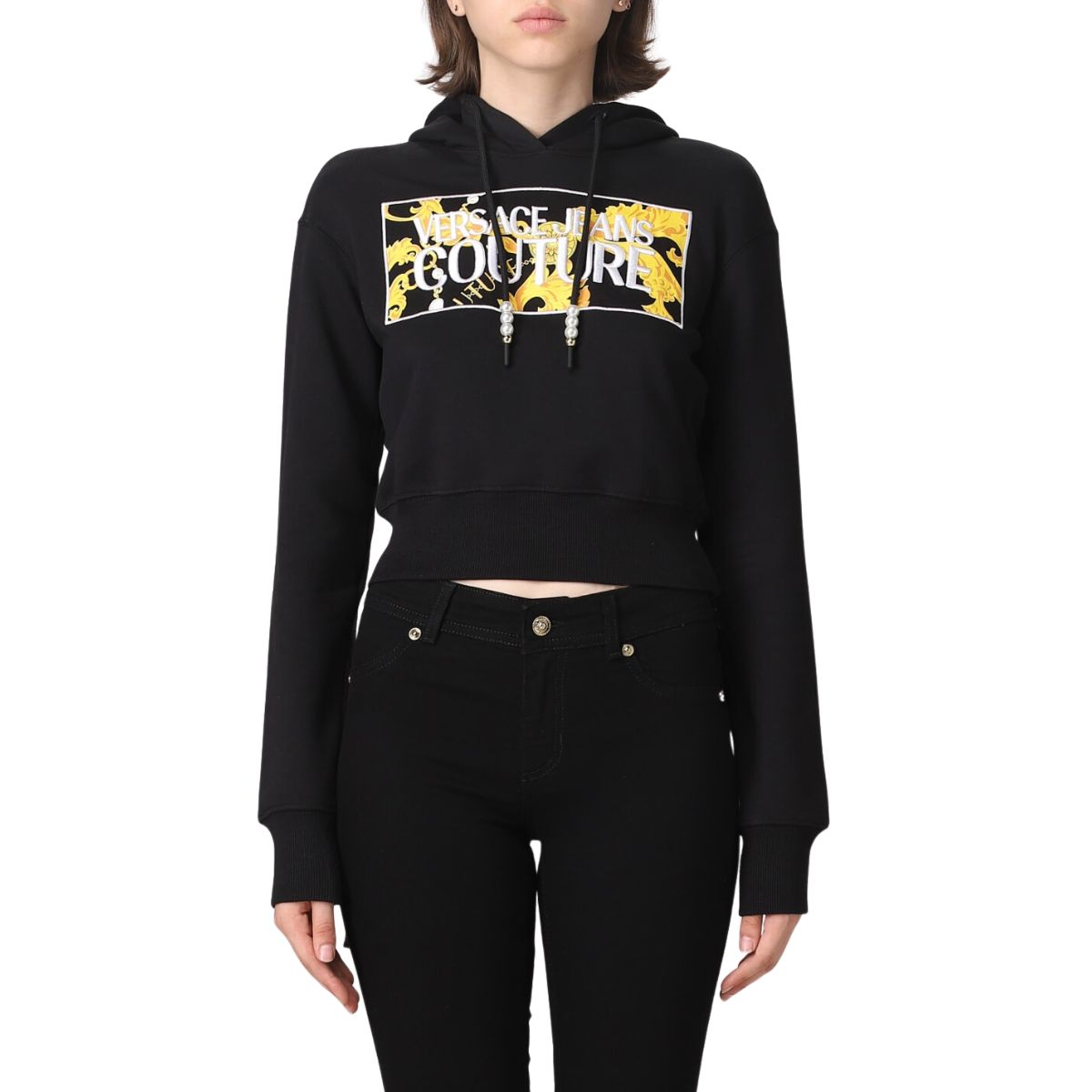 Inverno, Con Cappuccio, Donna, Felpa, FW23, L, M, Nero-Oro, Outlet, S, Versace Jeans Couture