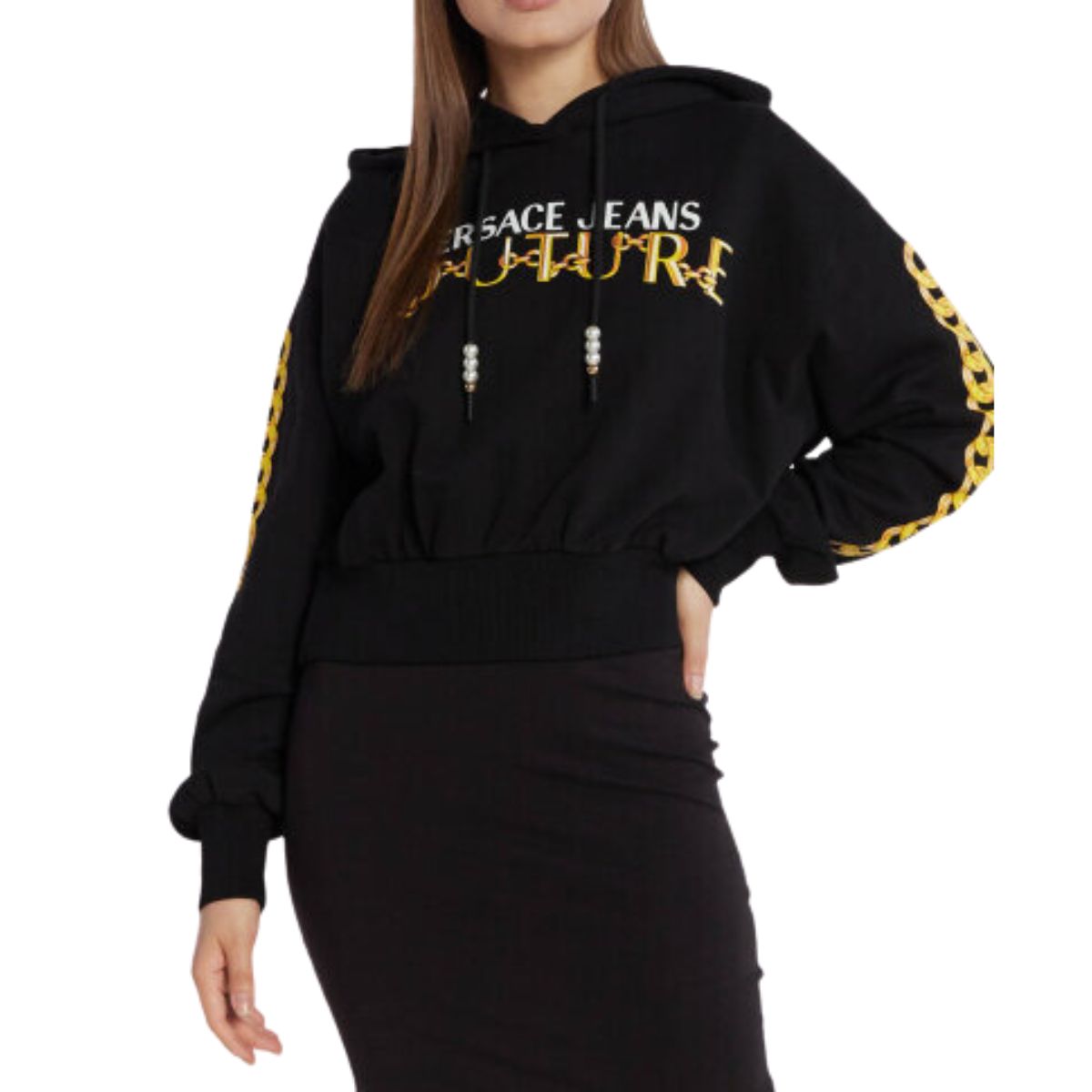 Versace Jeans Couture Felpa 75HAIF01 CF01F - SanShopLuxury - 2023, Abbigliamento, Autunno/Inverno, Con Cappuccio, Donna, Felpa, FW23, L, M, Nero-Oro, Outlet, S, Versace Jeans Couture